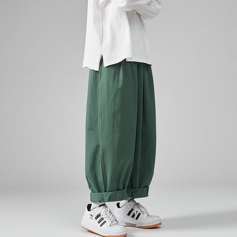 Riolio Japanese Men's Loose Casual Wide Leg Pants Fashion Elastic Waist Pure Cotton Solid Color Pants Straight Baggy Wide Leg Pants 5XL