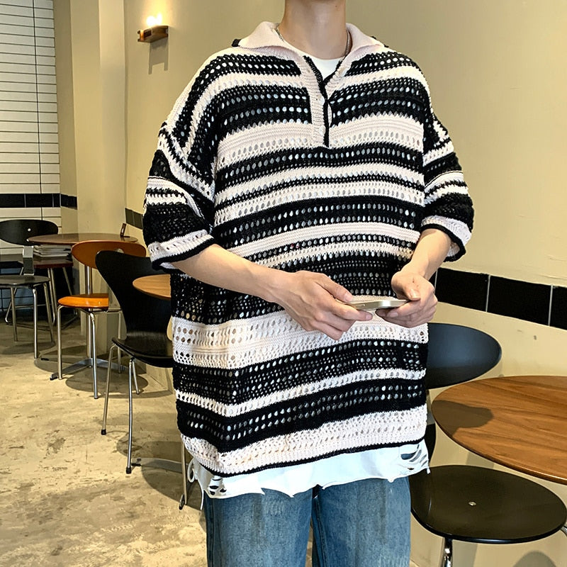 Riolio Summer Knitted Short Sleeve T-shirt Men Fashion Casual Stripe T Shirt Men Streetwear Hip Hop Loose Sweater Tshirt Mens Tops