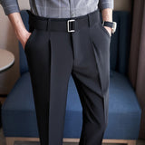 Riolio Mens Spring Autumn Belt Decoration Casual Ankle Length Pants Streetwear New Fashion Social Business Slim Fit Suit Pants