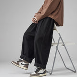 Riolio Japanese Men's Loose Casual Wide Leg Pants Fashion Elastic Waist Pure Cotton Solid Color Pants Straight Baggy Wide Leg Pants 5XL
