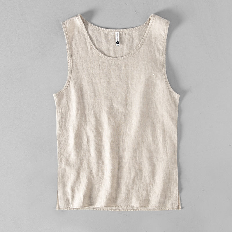 Riolio Pure Linen Sleeveless White Tank Top Men Summer Solid Breathable Vest Tees Casual Man Vests