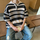 Riolio Summer Knitted Short Sleeve T-shirt Men Fashion Casual Stripe T Shirt Men Streetwear Hip Hop Loose Sweater Tshirt Mens Tops