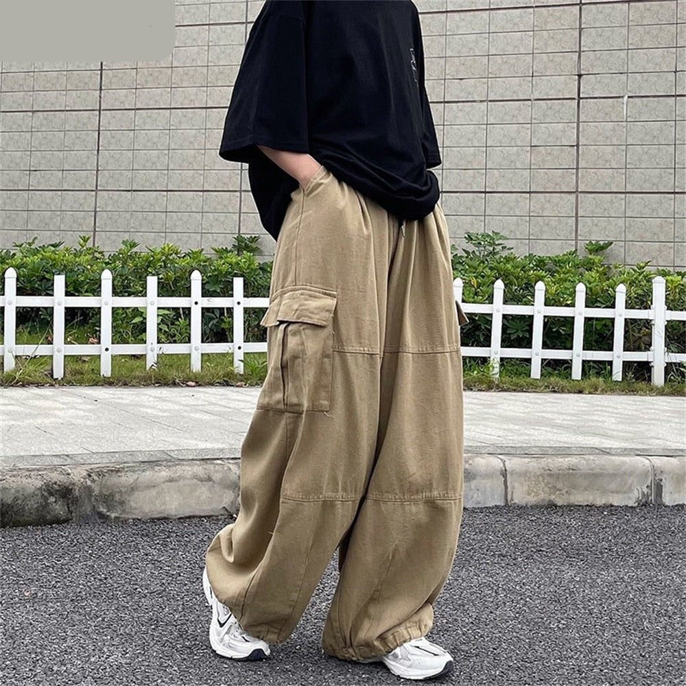 Riolio Harajuku Vintage Wide leg jeans Pants Men Casual Joggers Harem Pants White Cargo Pants Skateboard Trousers Streetwear