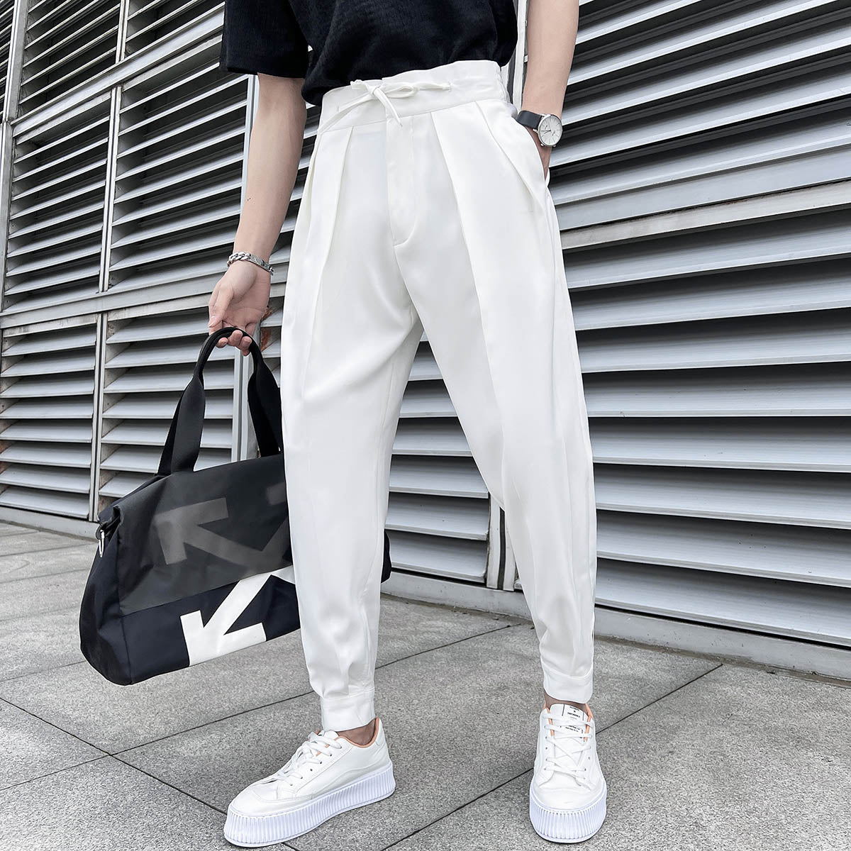 Riolio Summer Elastic Waist Drape Suit Pants Men Business Office Casual Pants Male Fashion Loose Social Party Formal Trousers
