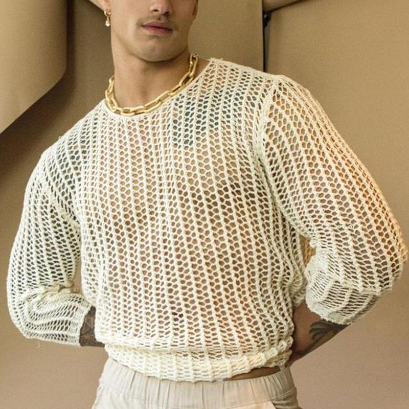 Streetwear Spring Summer Mens Fashion See Through Thin Tops Sexy Crew Neck Long Sleeve Solid Pullover Mens For Clothing Tee