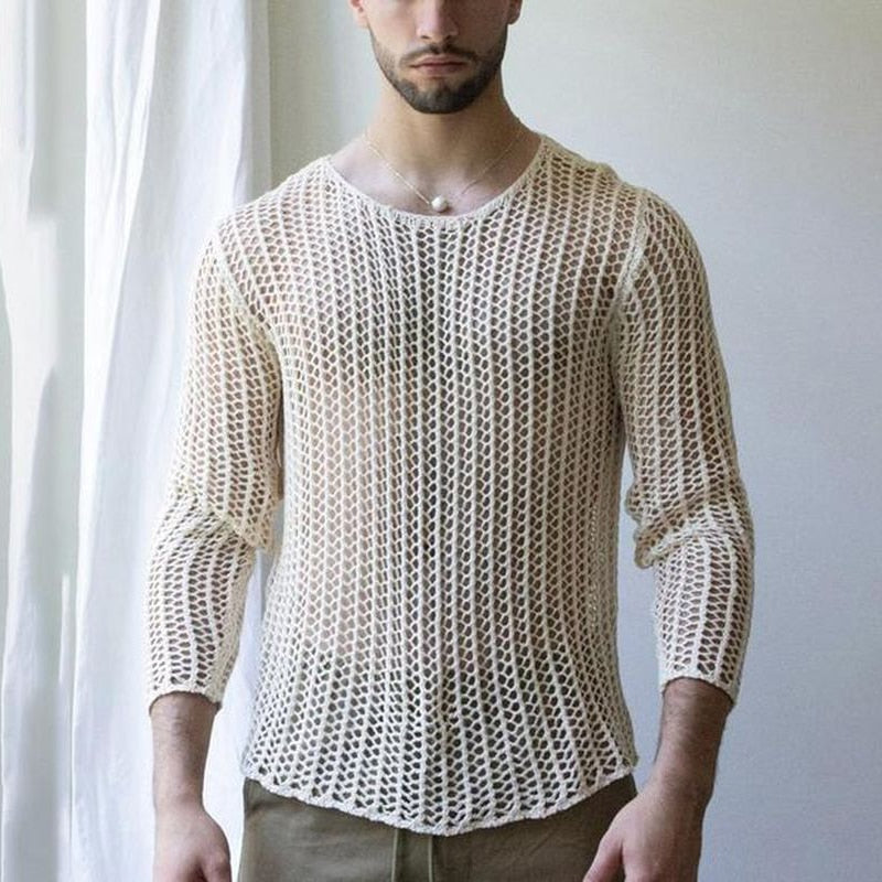 Streetwear Spring Summer Mens Fashion See Through Thin Tops Sexy Crew Neck Long Sleeve Solid Pullover Mens For Clothing Tee