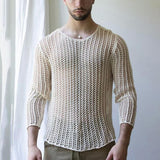 Streetwear Spring Summer Mens Fashion See Through Thin Tops Sexy Crew Neck Long Sleeve Solid Pullover Mens For Clothing Tee