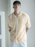 Riolio New Striped Color-Blocked Shirt for Spring And Summer, Men'S Casual Knitted Short-Sleeve Shirt, Simple And Stylish Breathable Beach Shirt.