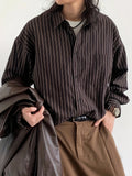 Riolio Vintage Lapel Collar Polyester Long Sleeve Striped Shirt, Single Breasted Placket, Regular Fit, Weekend Casual, for Men and Women