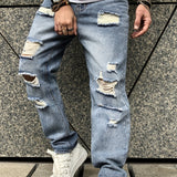 Riolio [Vintage Ripped Faux Denim Pants] 1pc Vintage Ripped Faux Denim Pants - Loose Fit, Solid Color, Non-Stretch Fabric, All-Season Casual Hip Hop Distressed with Raw Wash Detail