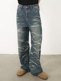 Riolio Men's Vintage Loose Fit Jeans - Cotton Blend, Striped Pattern, Casual Street Dance Party Ripple Denim Pants
