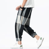 men fashion Summer Men's plus Size Loose Plaid Pants Cotton and Linen Cropped Pants Bloomers Straight Casual Pants Men