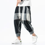 men fashion Summer Men's plus Size Loose Plaid Pants Cotton and Linen Cropped Pants Bloomers Straight Casual Pants Men