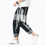 men fashion Summer Men's plus Size Loose Plaid Pants Cotton and Linen Cropped Pants Bloomers Straight Casual Pants Men