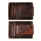 Riolio [Slim Wallet with Magnetic Clip] Vintage Style Men's Slim Wallet, Top Layer Cowhide Leather with Polyamide, Solid Color, Buckle Detail, Non-Braided Weave, with Magnetic Money Clip and Card Holder, Leather Wallet