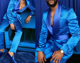 Riolio New Fashion Satin Men Suits Chic Royal Blue Shawl Lapel Male Blazer Party Prom Wedding Tuxedo Casual Slim Fit Suit 2 Piece