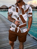 Riolio Men's Geometric Pattern Print Collar Short Sleeve Shirt and Solid Color Shorts Casual Two-Piece Set
