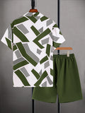 Riolio Men's Geometric Pattern Print Collar Short Sleeve Shirt and Solid Color Shorts Casual Two-Piece Set