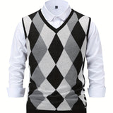 Riolio Men's Argyle Graphic Print Knitted Sleeveless Sweater, Casual V Neck Vest For Outdoor Activities