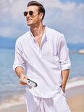 Riolio Men'S Casual Linen Roll Up Long Sleeve Shirt Cotton Shirts Henley T-Shirt Collar Vacation Tops