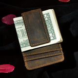Riolio [Slim Wallet with Magnetic Clip] Vintage Style Men's Slim Wallet, Top Layer Cowhide Leather with Polyamide, Solid Color, Buckle Detail, Non-Braided Weave, with Magnetic Money Clip and Card Holder, Leather Wallet