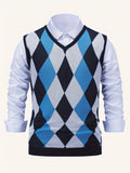 Riolio Men's Argyle Graphic Print Knitted Sleeveless Sweater, Casual V Neck Vest For Outdoor Activities