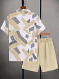 Riolio Men's Geometric Pattern Print Collar Short Sleeve Shirt and Solid Color Shorts Casual Two-Piece Set