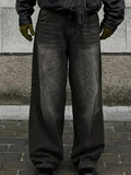 Riolio Men's black casual loose half elastic waist straight leg denim pants street dance party cycling all seasons