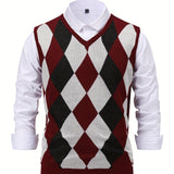 Riolio Men's Argyle Graphic Print Knitted Sleeveless Sweater, Casual V Neck Vest For Outdoor Activities