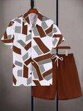 Riolio Men's Geometric Pattern Print Collar Short Sleeve Shirt and Solid Color Shorts Casual Two-Piece Set