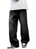 Riolio Men's black casual loose half elastic waist straight leg denim pants street dance party cycling all seasons
