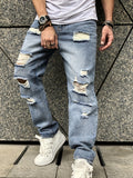 Riolio [Vintage Ripped Faux Denim Pants] 1pc Vintage Ripped Faux Denim Pants - Loose Fit, Solid Color, Non-Stretch Fabric, All-Season Casual Hip Hop Distressed with Raw Wash Detail