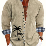Riolio [One Beige Tropical Print Shirt] Men's Tropical Coconut Tree Print Casual Shirt - Beige, Stand Collar, Button-Up, Polyester, Machine Washable