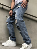 Riolio [Vintage Ripped Faux Denim Pants] 1pc Vintage Ripped Faux Denim Pants - Loose Fit, Solid Color, Non-Stretch Fabric, All-Season Casual Hip Hop Distressed with Raw Wash Detail