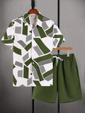 Riolio Men's Geometric Pattern Print Collar Short Sleeve Shirt and Solid Color Shorts Casual Two-Piece Set