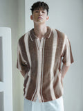 Riolio New Striped Color-Blocked Shirt for Spring And Summer, Men'S Casual Knitted Short-Sleeve Shirt, Simple And Stylish Breathable Beach Shirt.