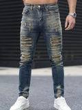 Riolio Men's Jeans, Stretch Denim Feet, Ripped, Craftsmanship, Slim, Dark Blue, Worn Men's Pants, Suitable for All Seasons