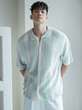 Riolio New Striped Color-Blocked Shirt for Spring And Summer, Men'S Casual Knitted Short-Sleeve Shirt, Simple And Stylish Breathable Beach Shirt.