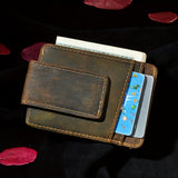 Riolio [Slim Wallet with Magnetic Clip] Vintage Style Men's Slim Wallet, Top Layer Cowhide Leather with Polyamide, Solid Color, Buckle Detail, Non-Braided Weave, with Magnetic Money Clip and Card Holder, Leather Wallet
