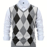 Riolio Men's Argyle Graphic Print Knitted Sleeveless Sweater, Casual V Neck Vest For Outdoor Activities