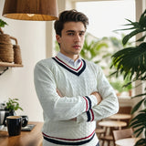 Riolio [Autumn Warm V-neck Sweater Pullover] V-neck Bachelor'S Pie Men'S Sweater Pullover Autumn Spring Sweater Winter Warm Knit Sweater Casual England Style College Style