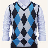 Riolio Men's Argyle Graphic Print Knitted Sleeveless Sweater, Casual V Neck Vest For Outdoor Activities