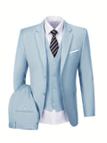 Riolio Men's Elegant 3pcs Light Blue Suit Set - Single Breasted Jacket with Lapel Collar, Matching Vest & Pants, Polyester Blend, Machine Washable - Ideal for Weddings, Parties, Business & Formal Occasions