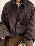 Riolio Vintage Lapel Collar Polyester Long Sleeve Striped Shirt, Single Breasted Placket, Regular Fit, Weekend Casual, for Men and Women