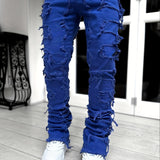 Riolio [Slim Fit Tassel Jeans] Men's slim fit and creative tassel decoration straight jeans, men's casual streetwear style hip-hop skateboard rap jeans, all seasons