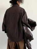 Riolio Vintage Lapel Collar Polyester Long Sleeve Striped Shirt, Single Breasted Placket, Regular Fit, Weekend Casual, for Men and Women