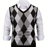 Riolio Men's Argyle Graphic Print Knitted Sleeveless Sweater, Casual V Neck Vest For Outdoor Activities