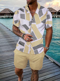 Riolio Men's Geometric Pattern Print Collar Short Sleeve Shirt and Solid Color Shorts Casual Two-Piece Set