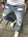 Riolio [Vintage Ripped Faux Denim Pants] 1pc Vintage Ripped Faux Denim Pants - Loose Fit, Solid Color, Non-Stretch Fabric, All-Season Casual Hip Hop Distressed with Raw Wash Detail