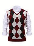 Riolio Men's Argyle Graphic Print Knitted Sleeveless Sweater, Casual V Neck Vest For Outdoor Activities